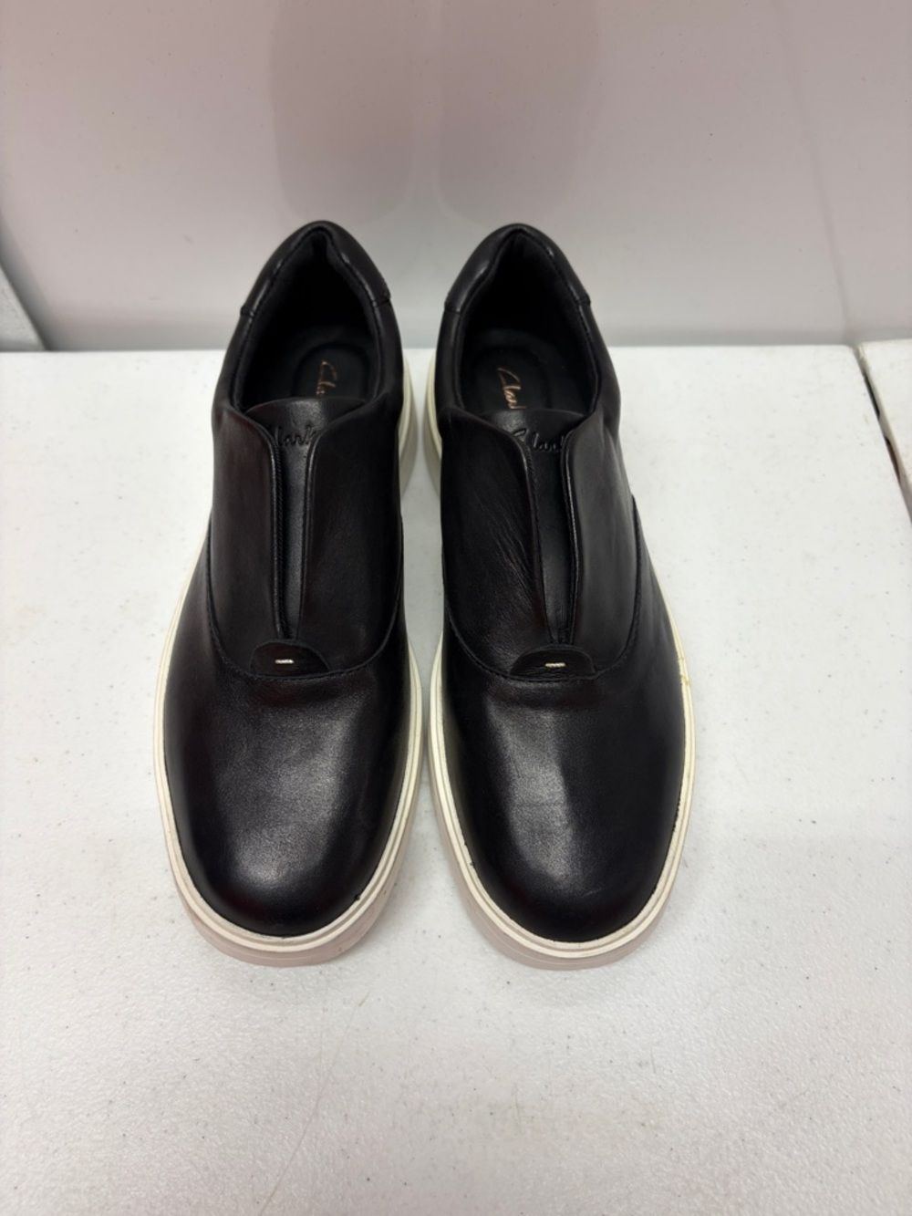 Clarks Black Leather Slip-On Loafers with White Sole